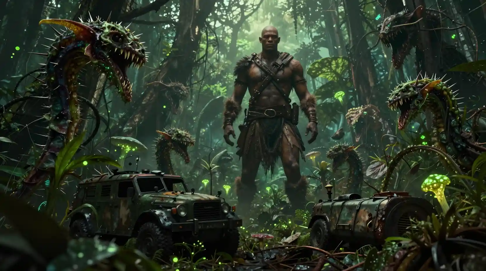 Cinematic warrior guarding a mutated post apocalyptic rainforest