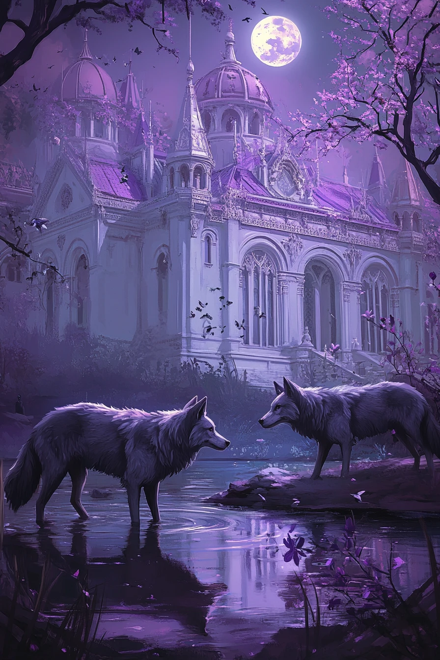 Zwei Tundrawölfe vor einem mondbeschienenen violetten Fantasieschloss