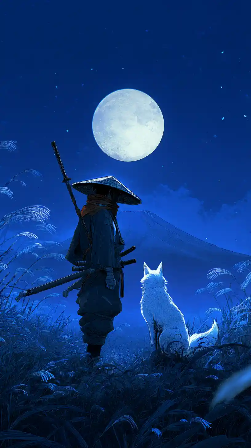 Lone ronin with spirit fox under a moonlit sky