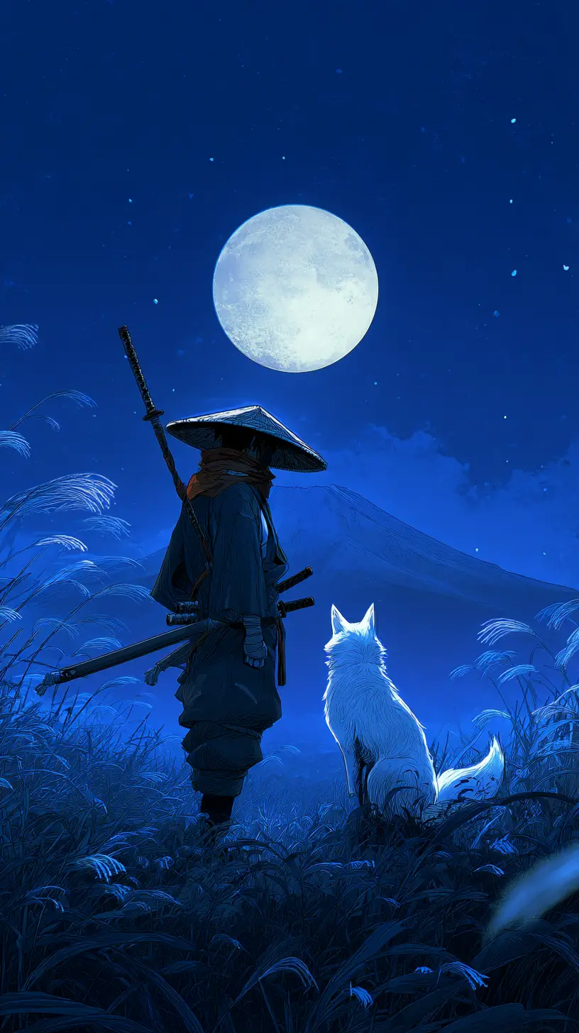 Lone ronin with spirit fox under a moonlit sky