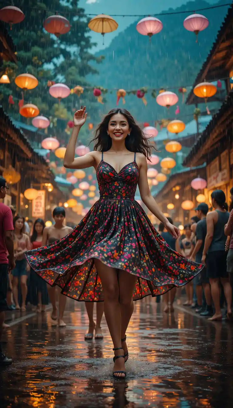 Woman dancing in monsoon village festival rain at night