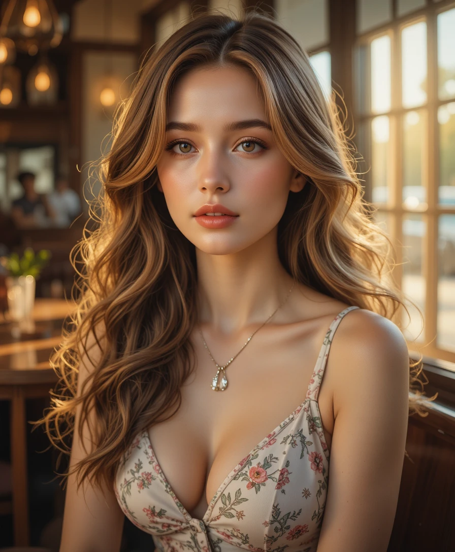 Young woman in warm sunlight at a cozy cafe table