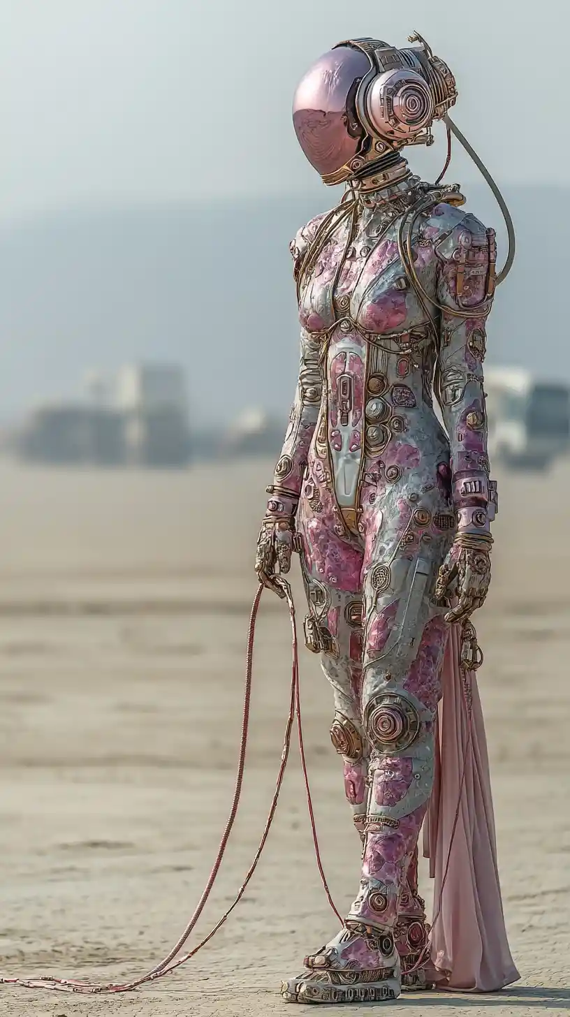 Surreal alien woman of liquid mercury in a vast desert
