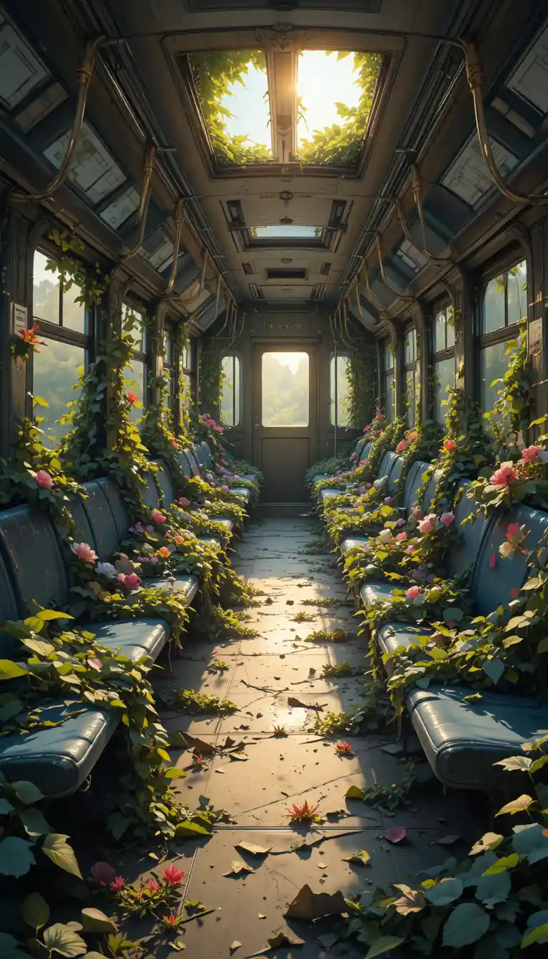 Abandoned subway car overgrown with vines in warm sunset light