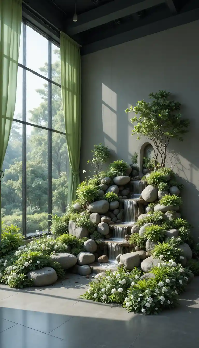 Modern interior garden of stones with soft window light