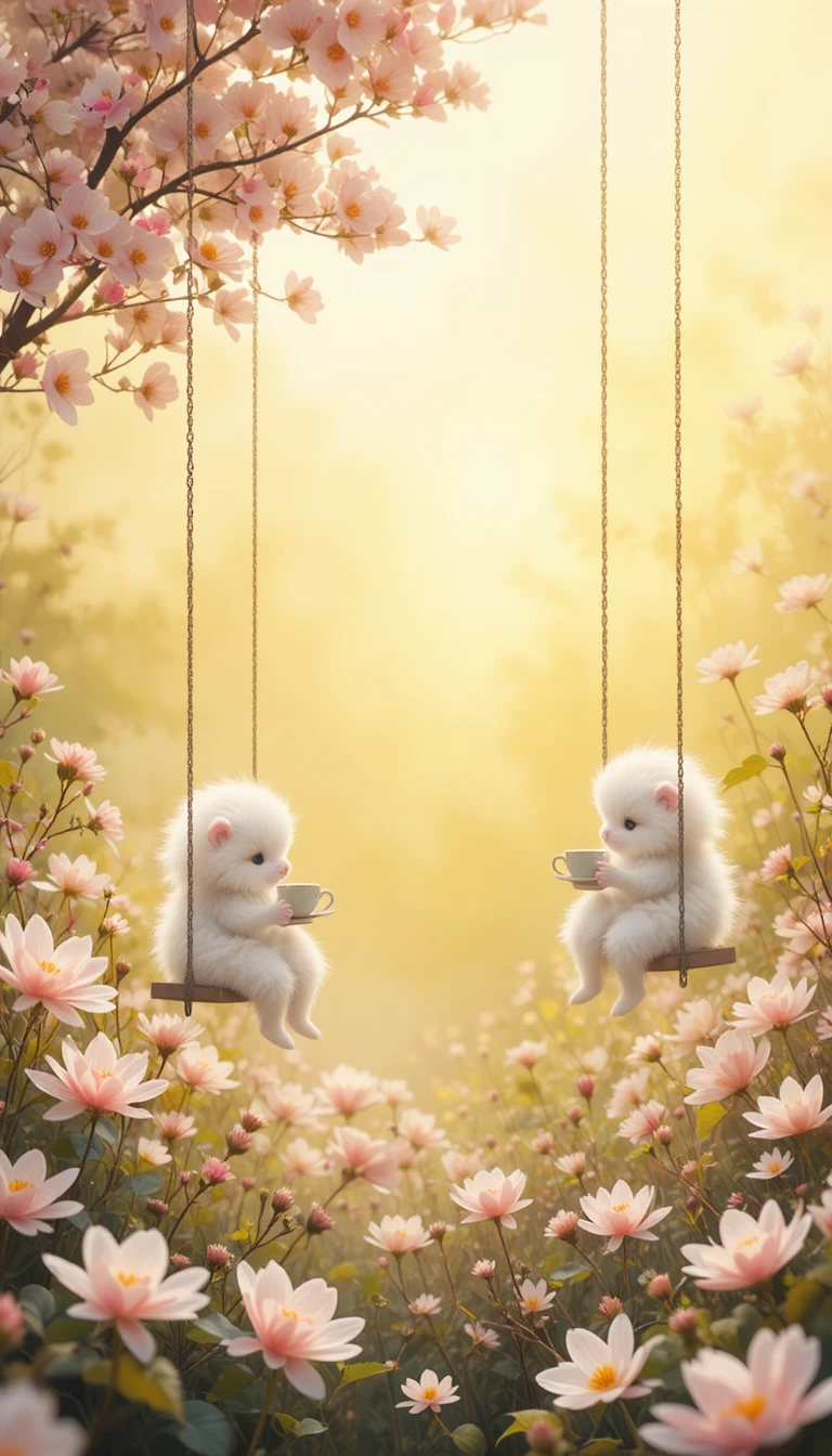 Cute fluffy creatures on swings sipping tiny teacups