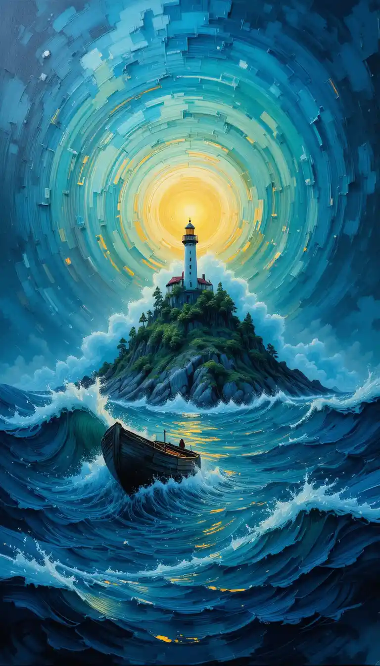 Dawn waves surge around an island lighthouse and old boat