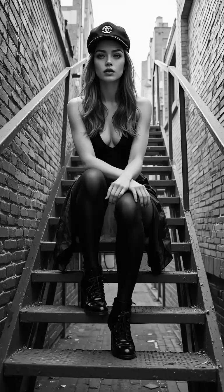 Rebellious young woman on urban metal staircase in monochrome