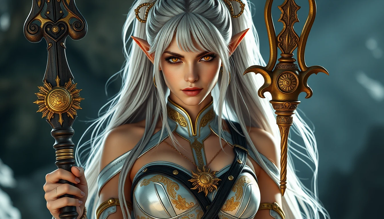 Futuristic elf warrior priestess with glowing aether staff