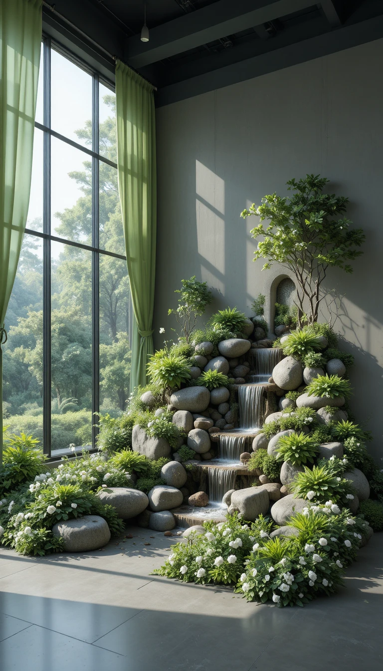 Modern interior garden of stones with soft window light