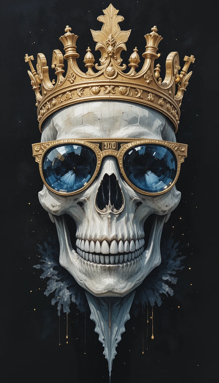 Crystal skull with crown and sunglasses on black background