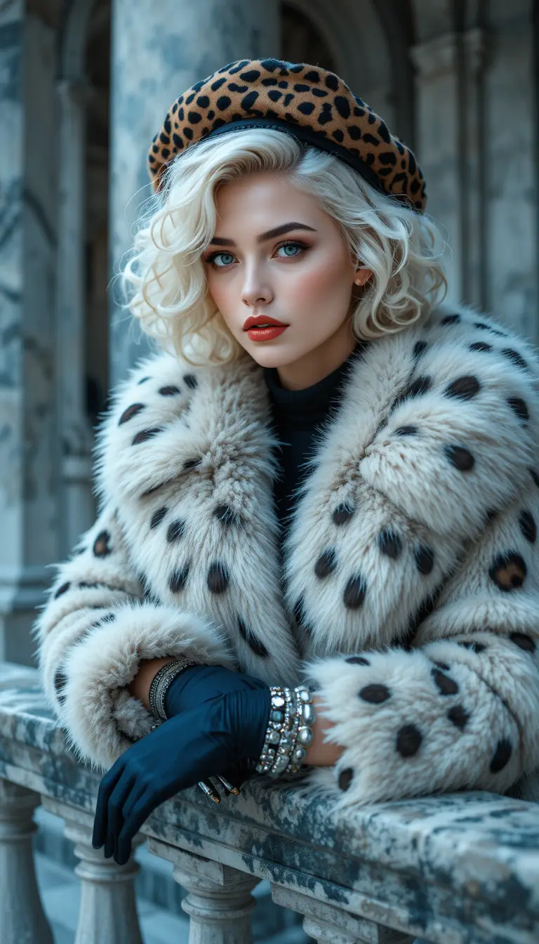 Mujer elegante con boina de leopardo y abrigo de pelo blanco con manchas