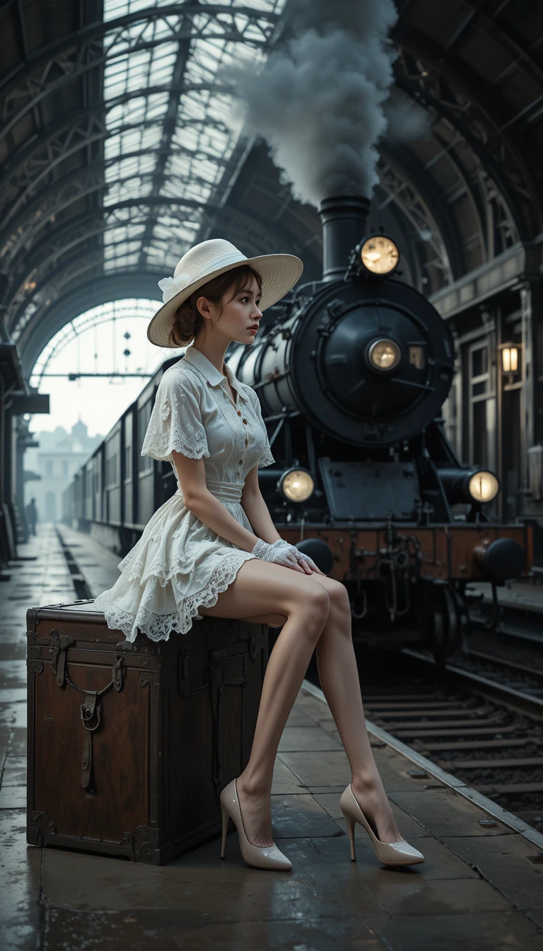 Young woman on vintage train platform with steam locomotive
