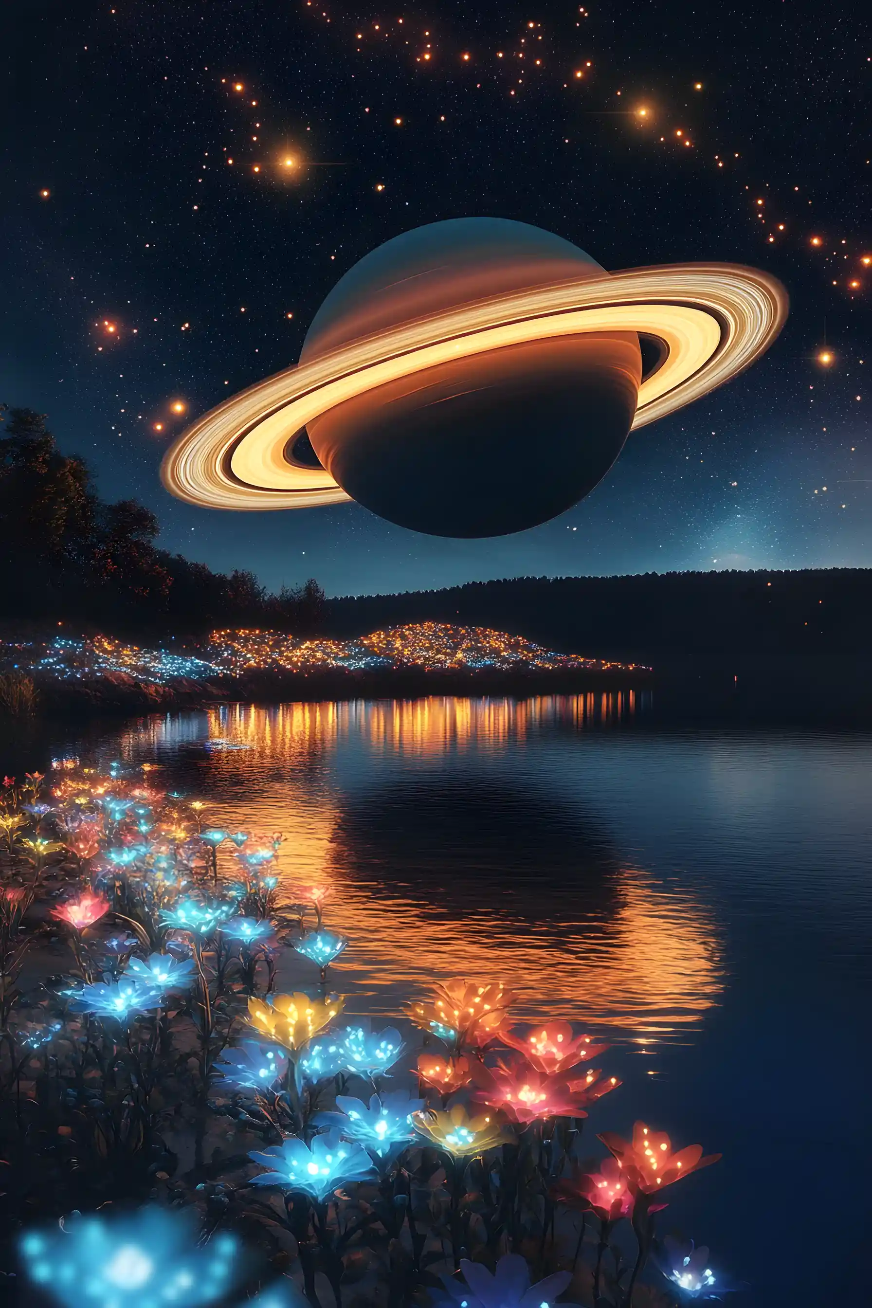 Surreal ringed planet above a reflective night lake