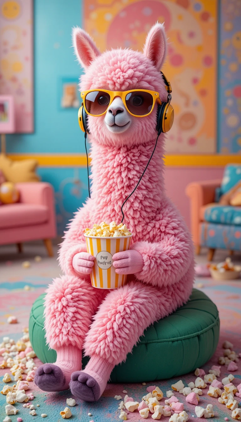 Pink alpaca with popcorn in headphones and sunglasses