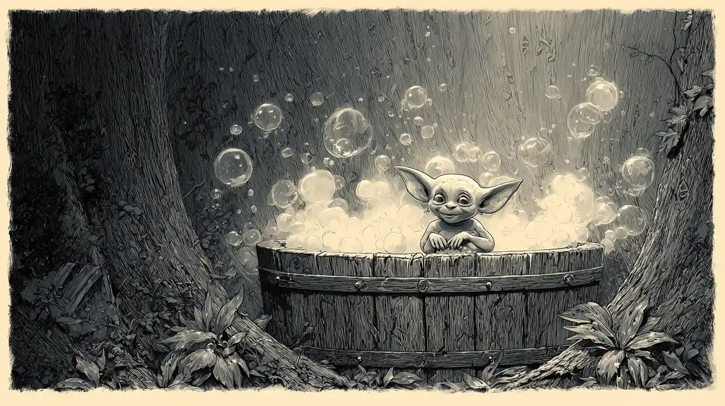Mystical baby goblin bathing in a winter forest tub