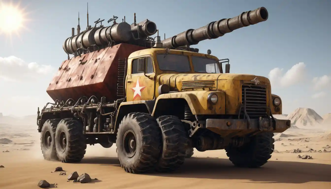 Post apocalyptic armored screw tracked vehicle in desert dust