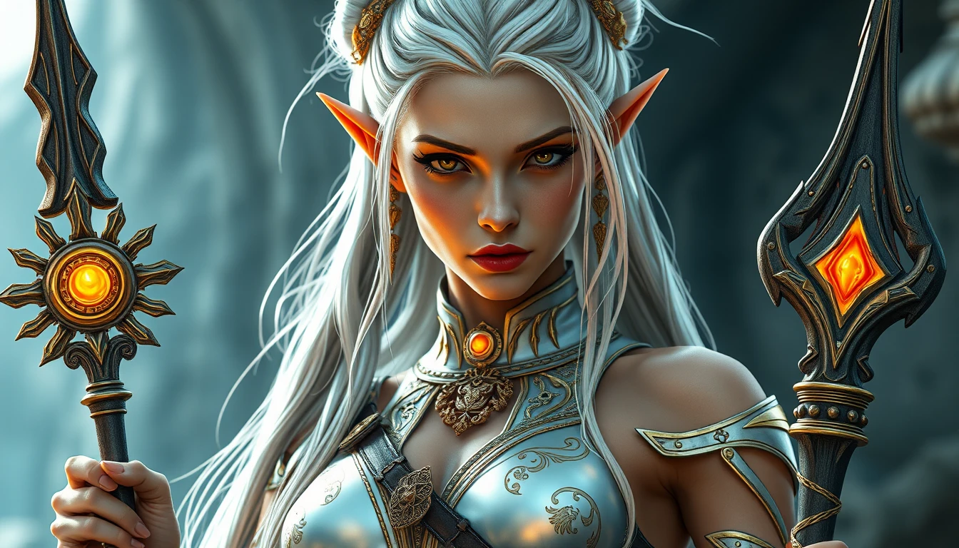 Futuristic elf warrior priestess with glowing aether staff