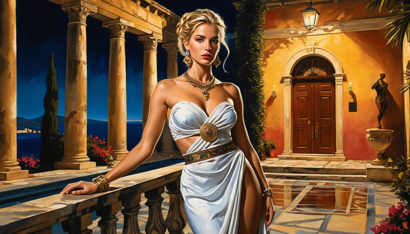 Elegant greek noblewoman in jeweled toga at twilight courtyard