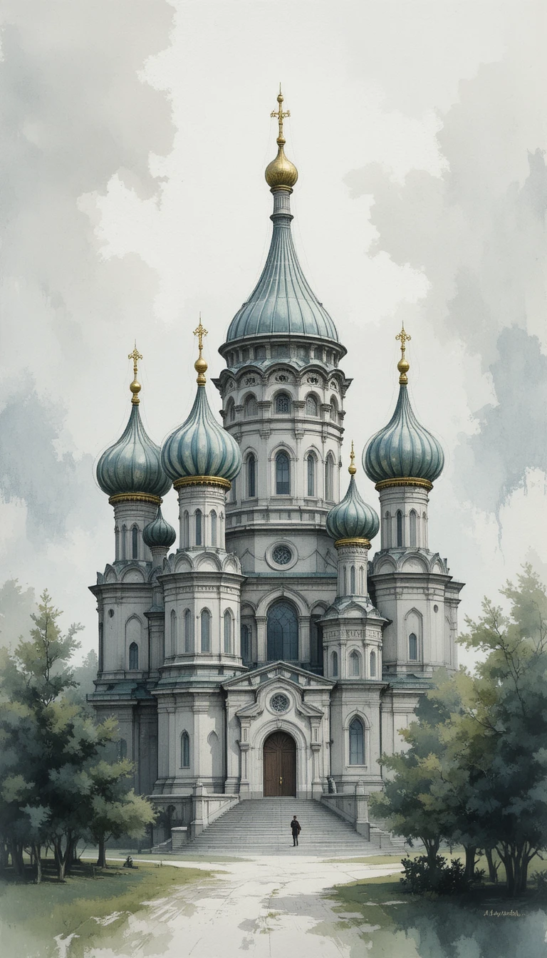 Russian church domes rendered in soft watercolor style