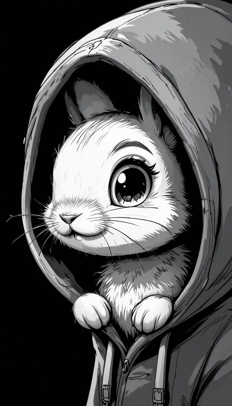 Cute cartoon rabbit peeking from darkness in close up