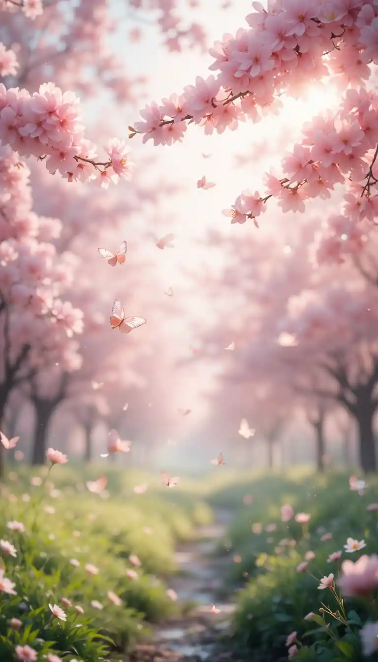 Dreamy Cherry Blossoms With Butterflies In Soft Spring Light