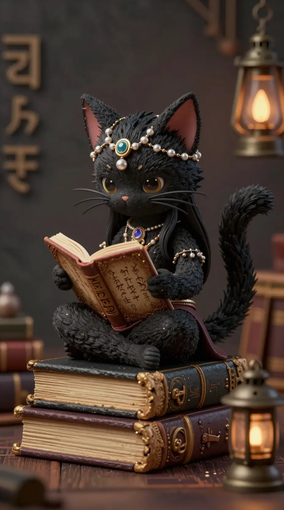 Chibi cat fairy woman reading on ancient books