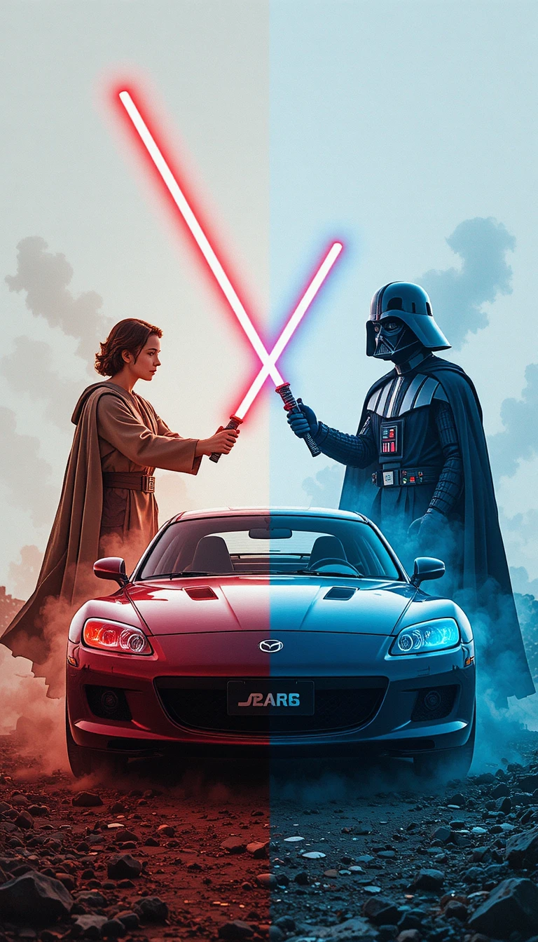 Duelo de fantasía con espadas láser cruzadas y coche deportivo
