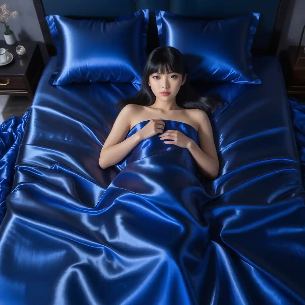 Beautiful Japanese woman on royal blue satin bed