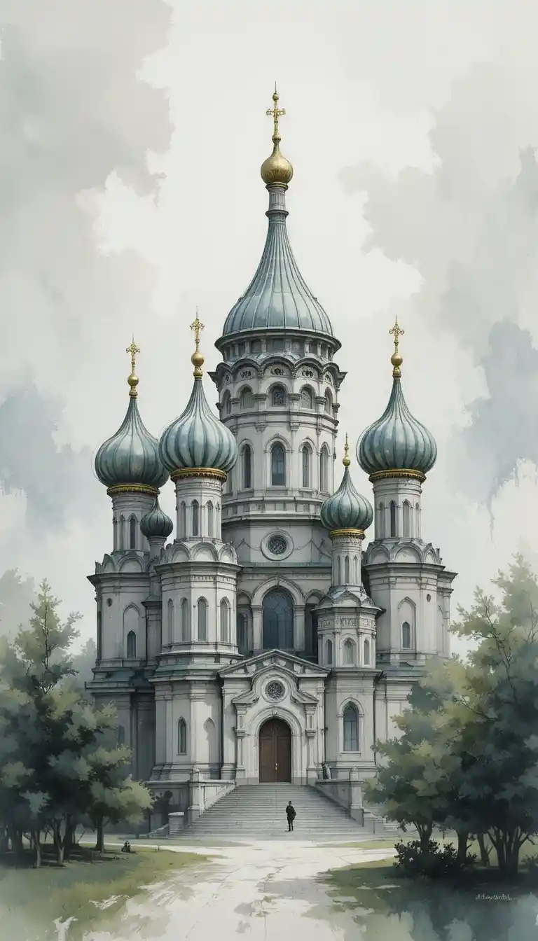 Russian church domes rendered in soft watercolor style
