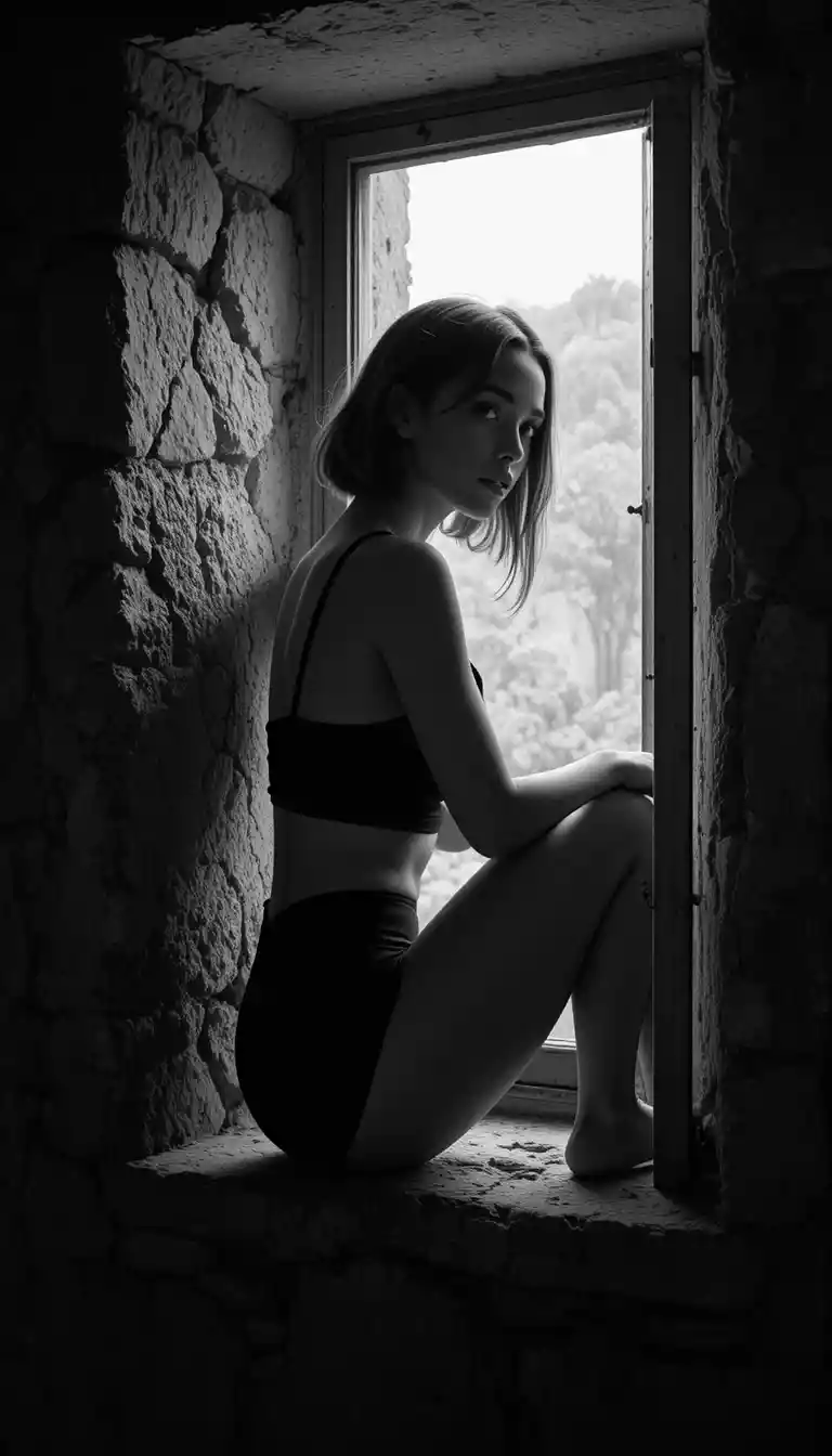 Ritratto in bianco e nero di una donna in una finestra di pietra