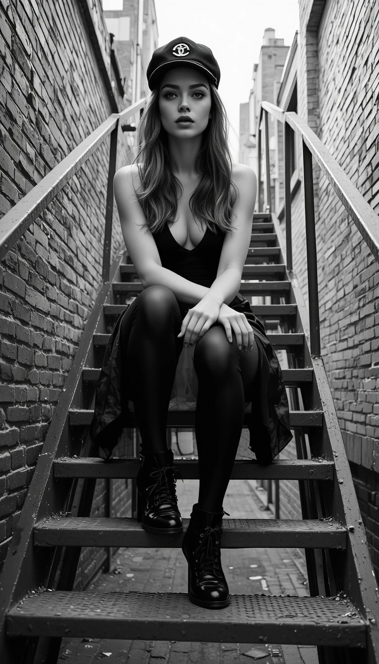 Rebellious young woman on urban metal staircase in monochrome