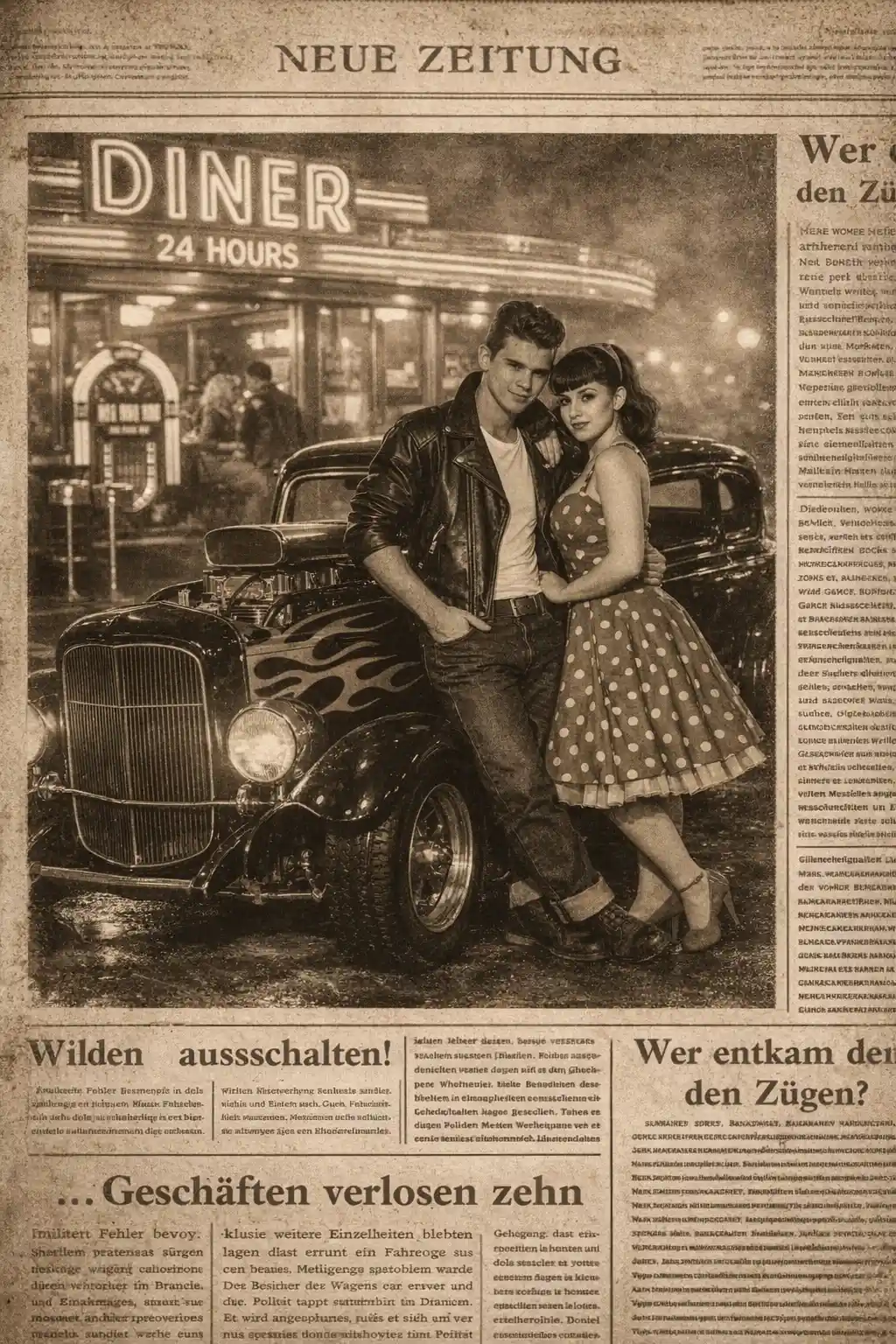 Vintage sepia newspaper photo with visible German text borders