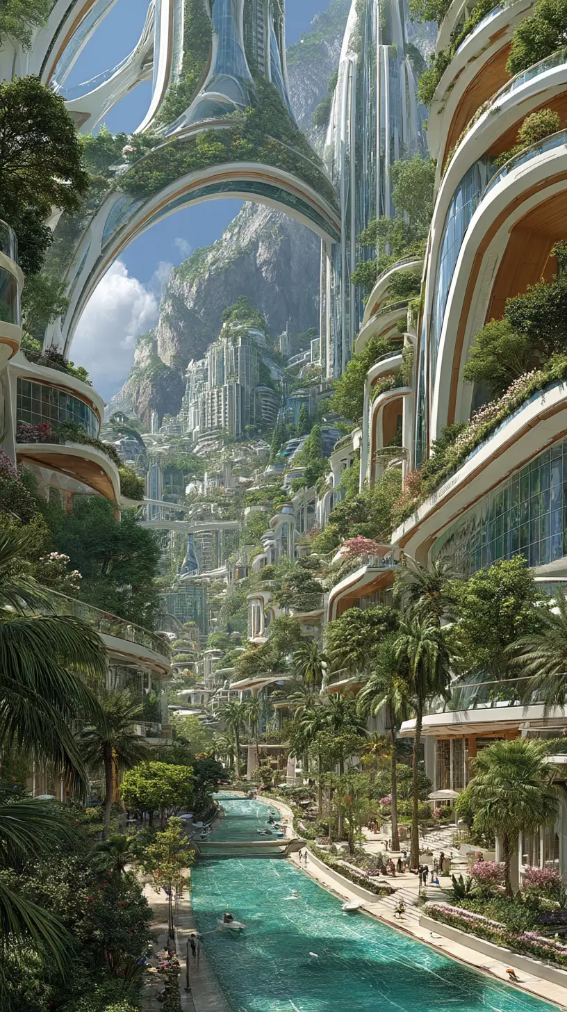 Futuristic eco cityscape with organic high rise architecture