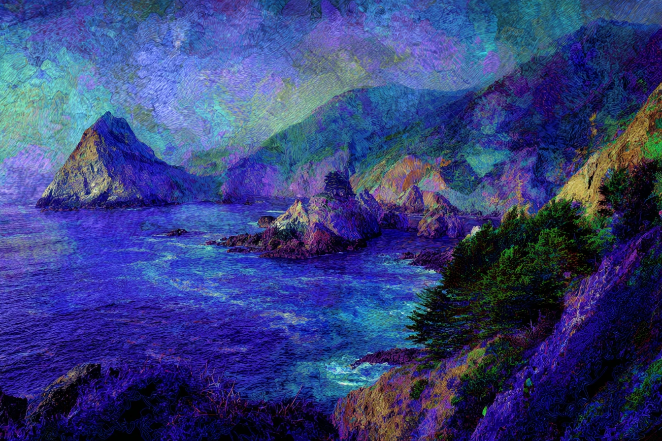 Artist painting vivid mountains where land meets sea