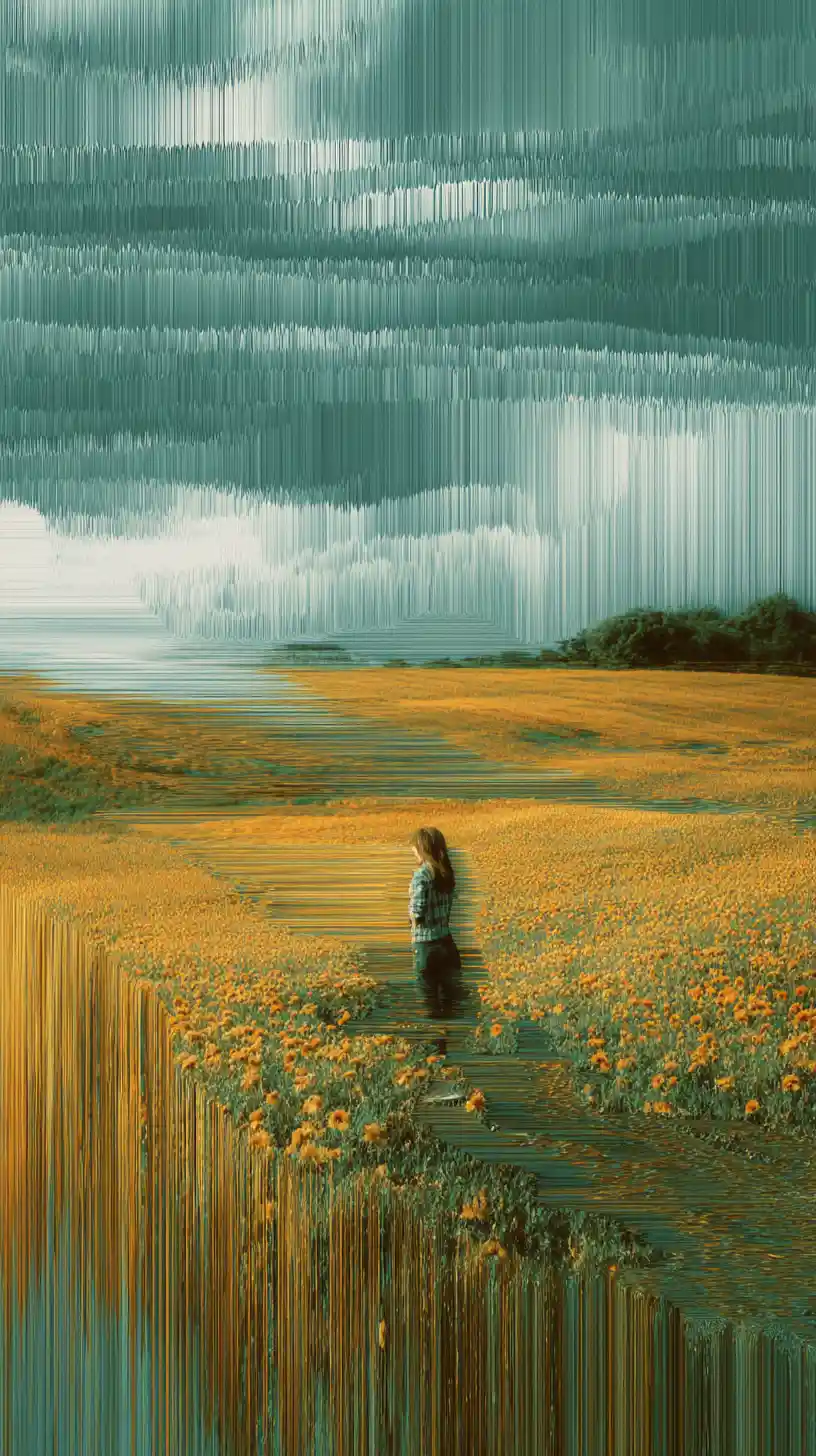 Paesaggio onirico di fiori ricamati che si dissolve nel movimento