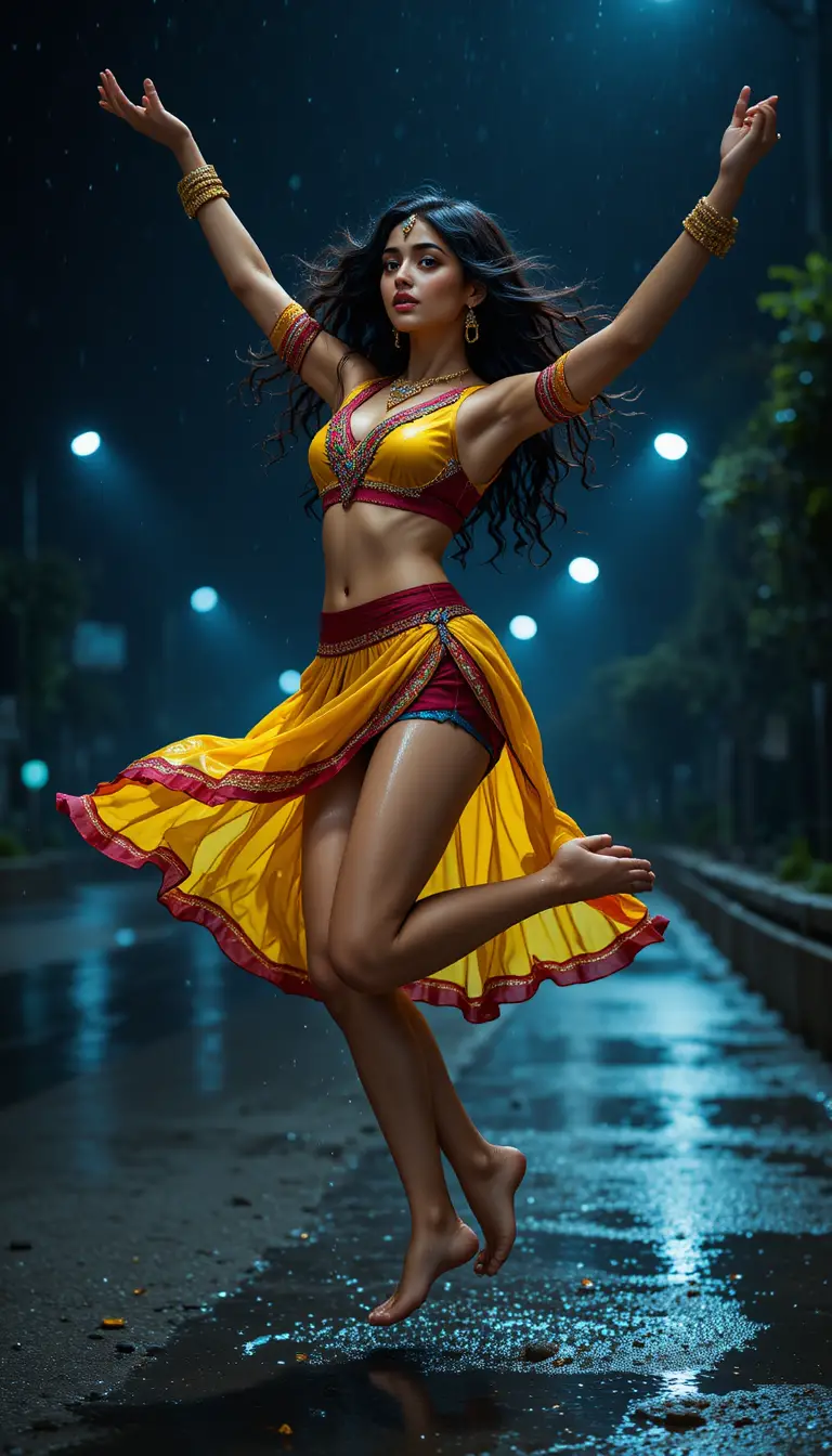 Femme indienne dansant en plein vol dans une rue nocturne sous la pluie