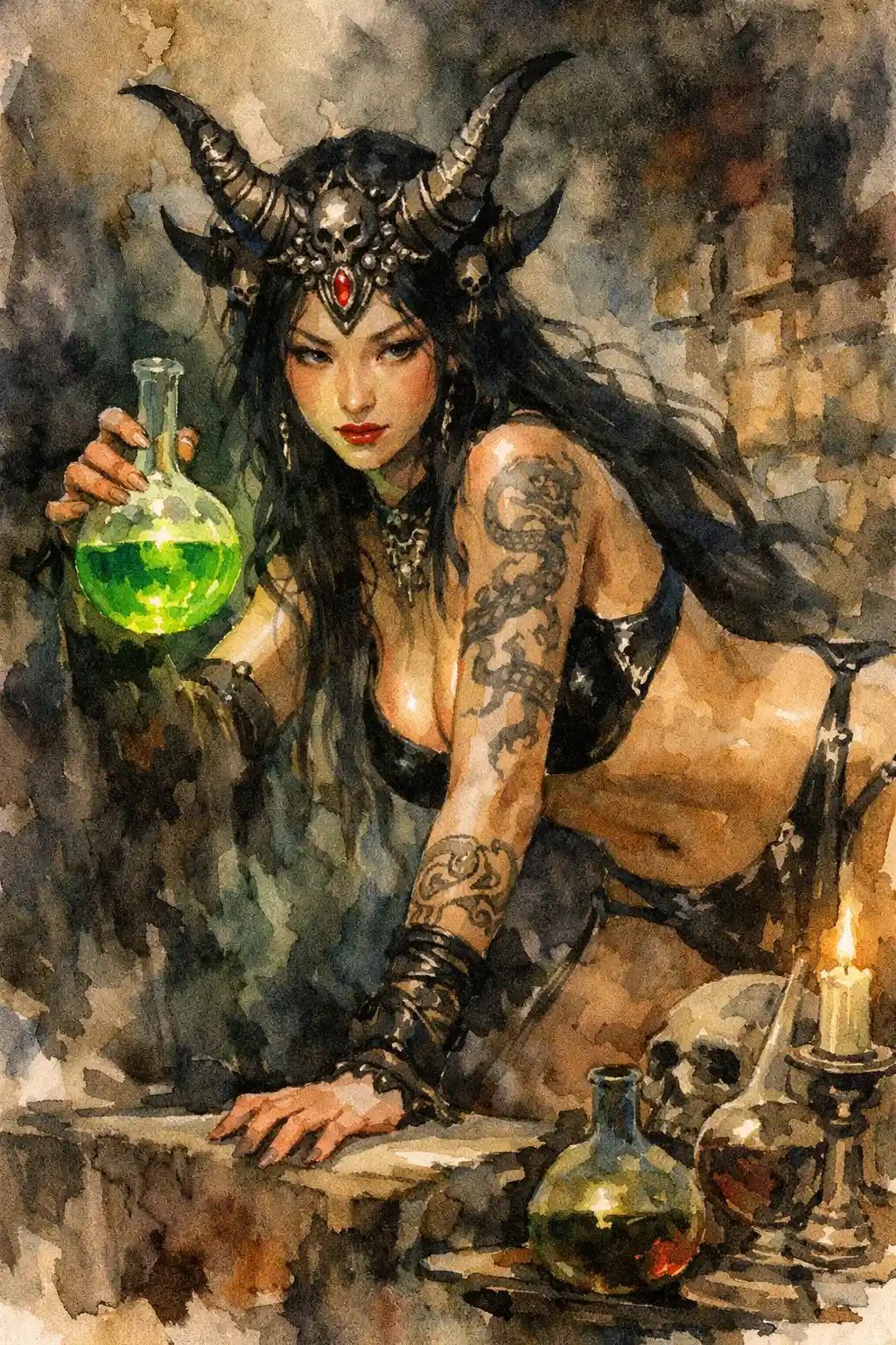 East Asian sorceress with glowing potion in dark dungeon