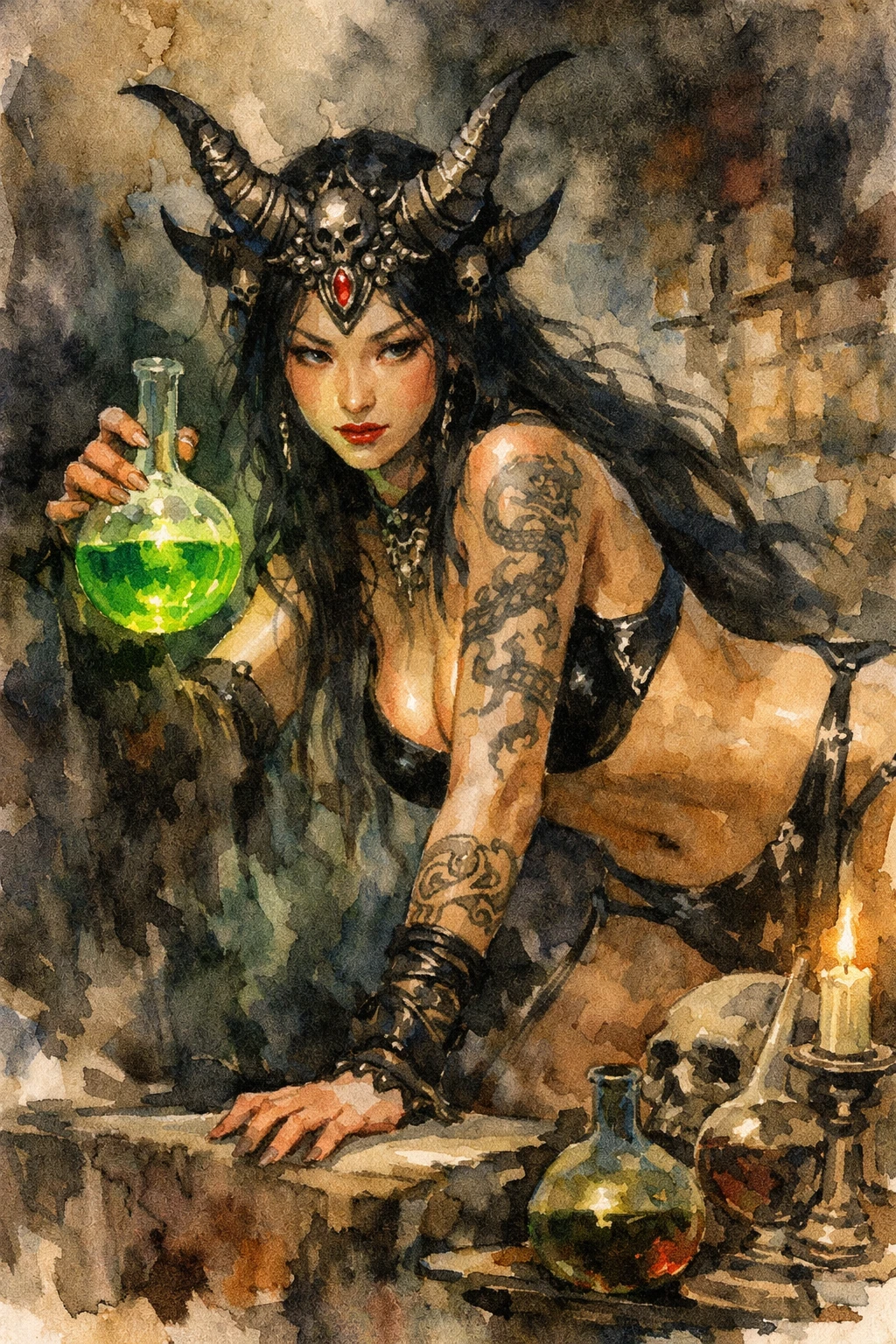 East Asian sorceress with glowing potion in dark dungeon