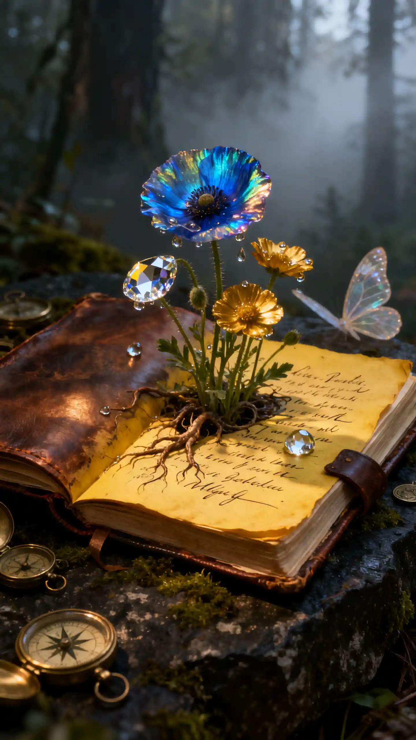 Macro journal with blooming flowers on mossy stone