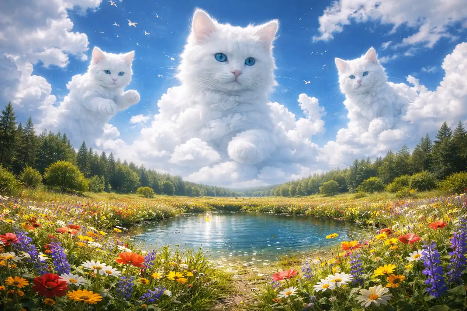 Gatti di nuvole che fluttuano sopra un prato di fiori colorati