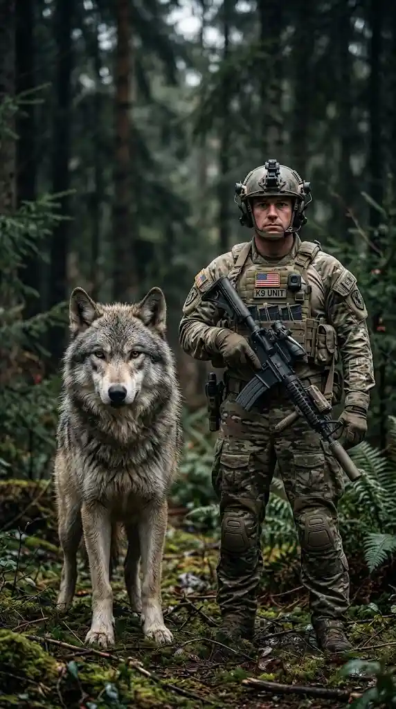 Wild gray wolf beside soldier in cinematic forest scene