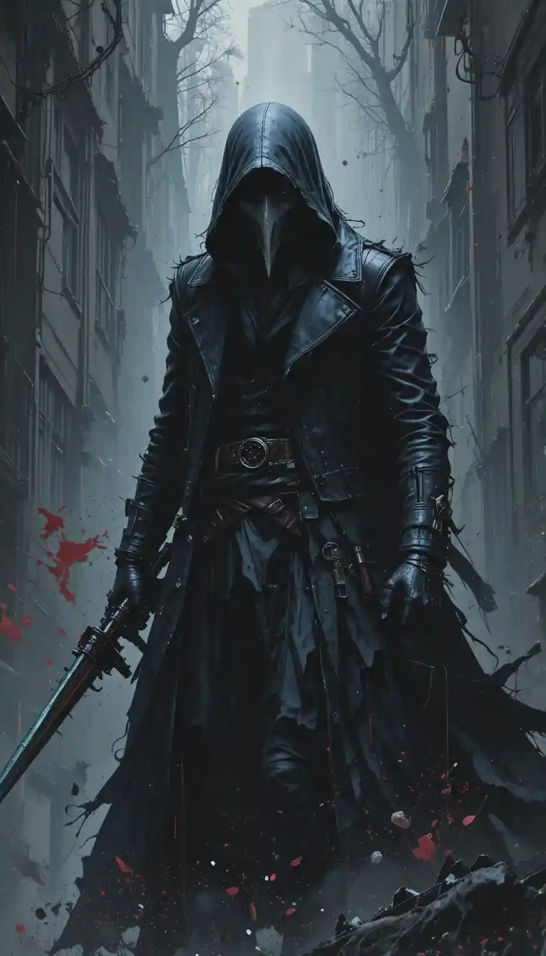 Shadowy comic book assassin lurking in the darkness