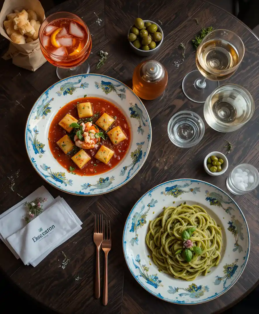 Top down Italian restaurant table with pasta and drinks