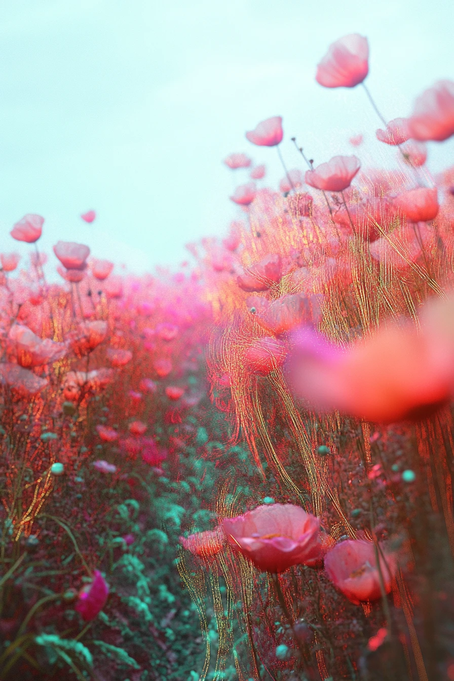 Sognanti campi di fiori ricamati in un paesaggio cinematografico
