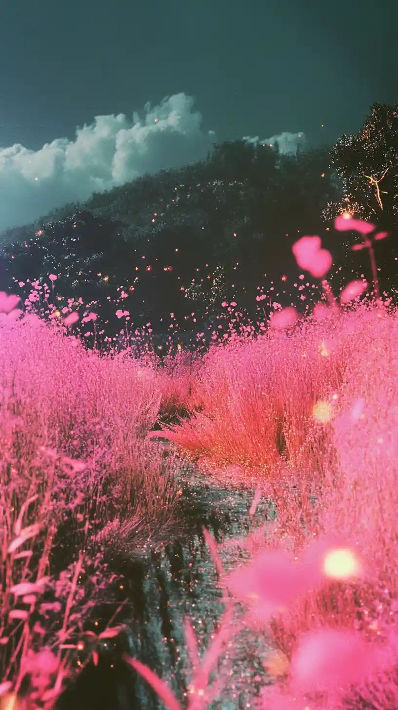 Dreamlike embroidered flower fields dissolving into motion