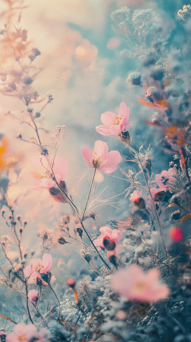 Dreamlike cinematic landscape dissolving into embroidered flowers
