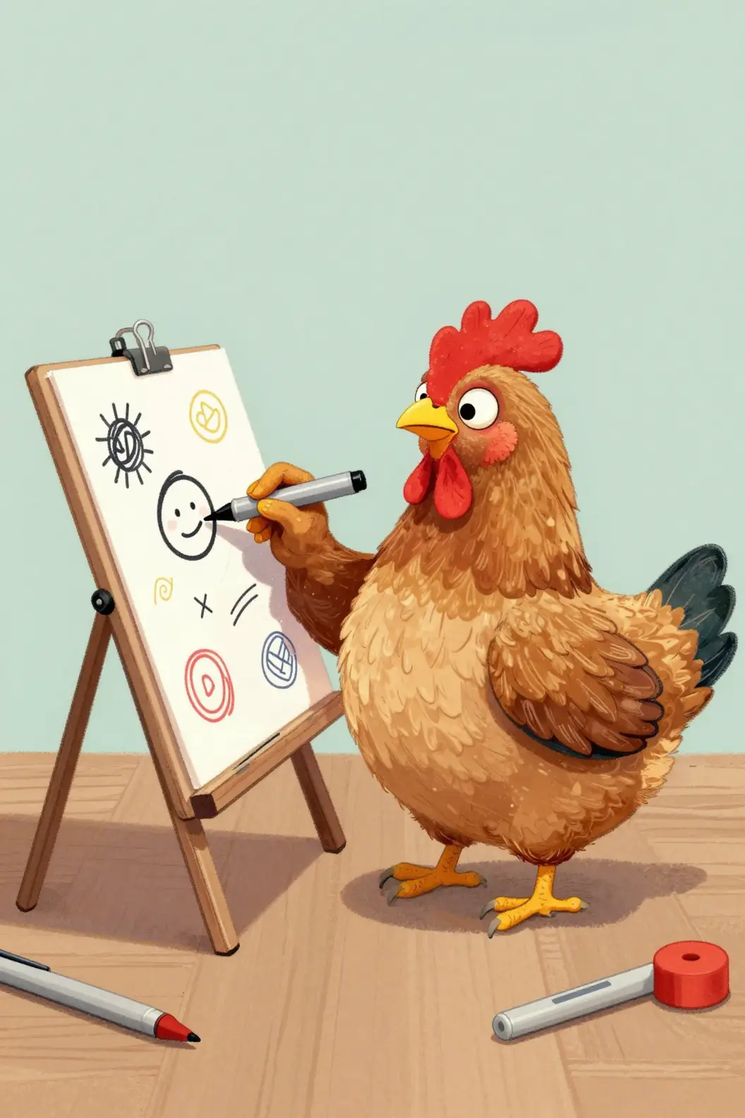 Simpatica gallina cartoon che disegna a un cavalletto con colori vivaci