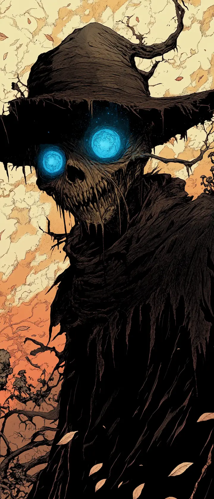 Twisted scarecrow with a blazing blue skeletal eye