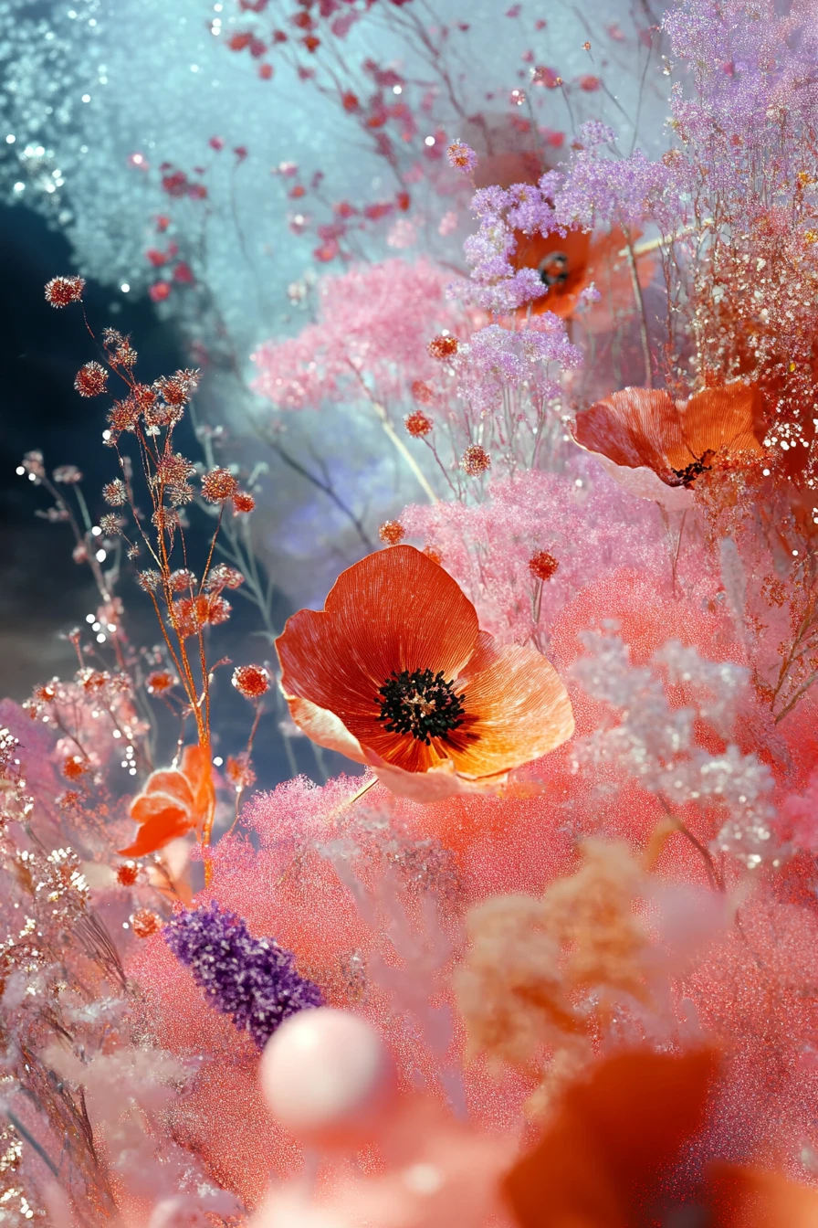 Surreal embroidered flower fields dissolving in vintage landscape